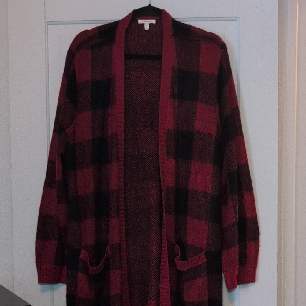 Maurices Burgundy and Black Checkered Cardigan
